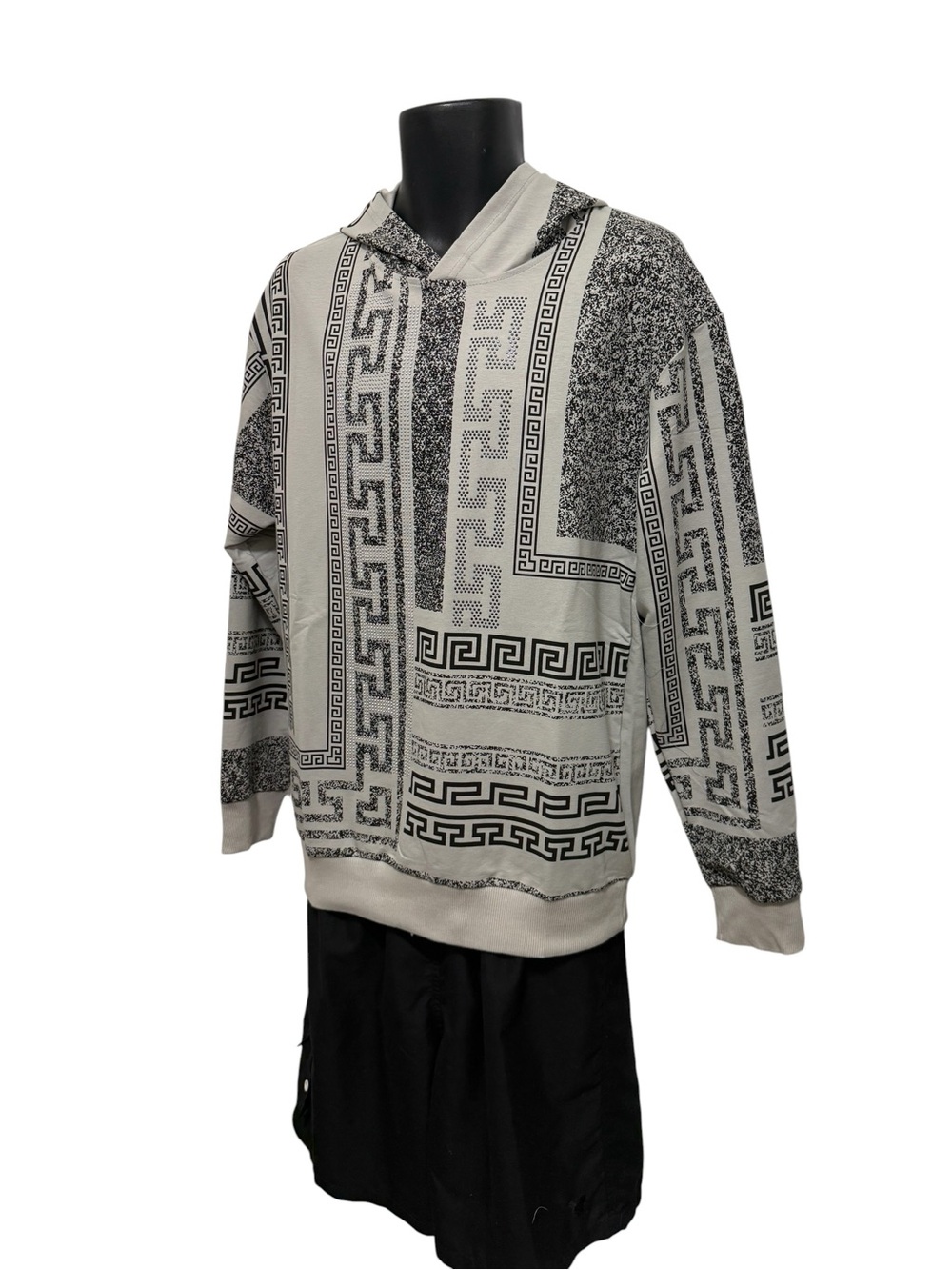 LAVERITA Graphic Pattern Hooded Sweatshirt in Black and Cream. New with tags